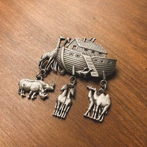 Vintage JJ Jonette Jewelry Pewter Tone Noah's Ark Bible Boat Animal Brooch Pin